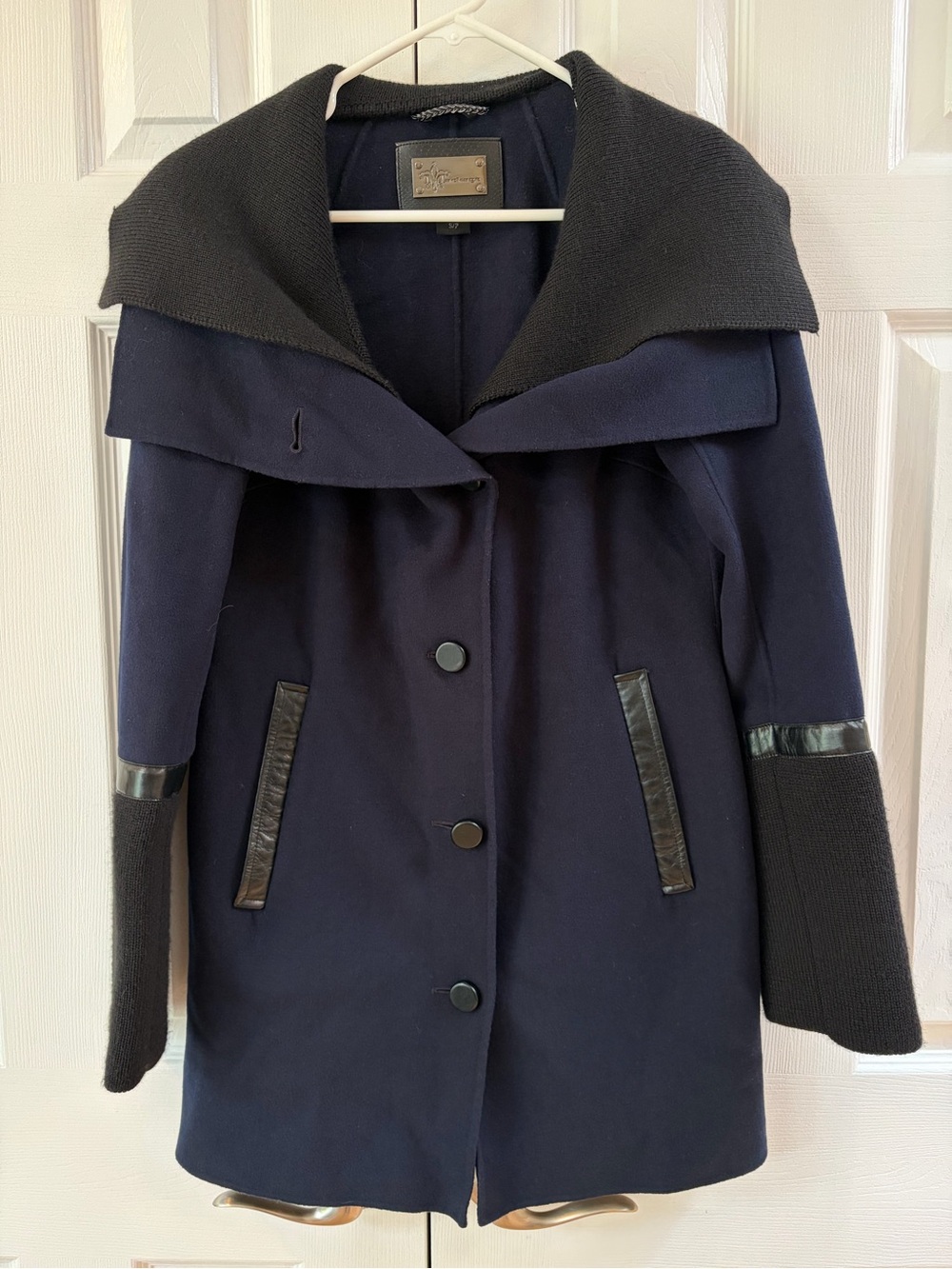 Mackage Navy Wool Peacoat with Black Knit Shawl and Leather Detail Size S
